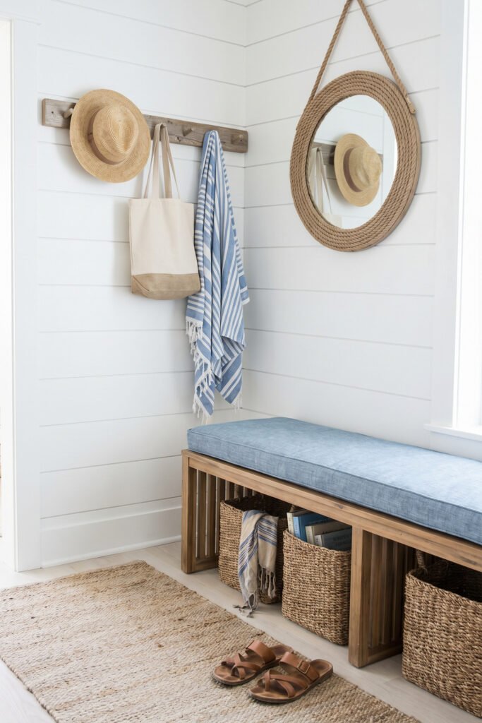 Beach Cottage Decor That Feels Fresh for Summer 7 Minimal entry nook with wood bench, blue cushion, woven baskets, rope mirror, straw hat, and striped towel styled with light beach cottage decor details.