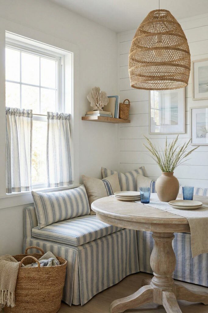 Coastal Summer Aesthetic Ideas for a Breezy Apartment 9 Charming breakfast nook with striped banquette, round wood pedestal table, woven pendant, and soft beachy styling in a coastal summer aesthetic.