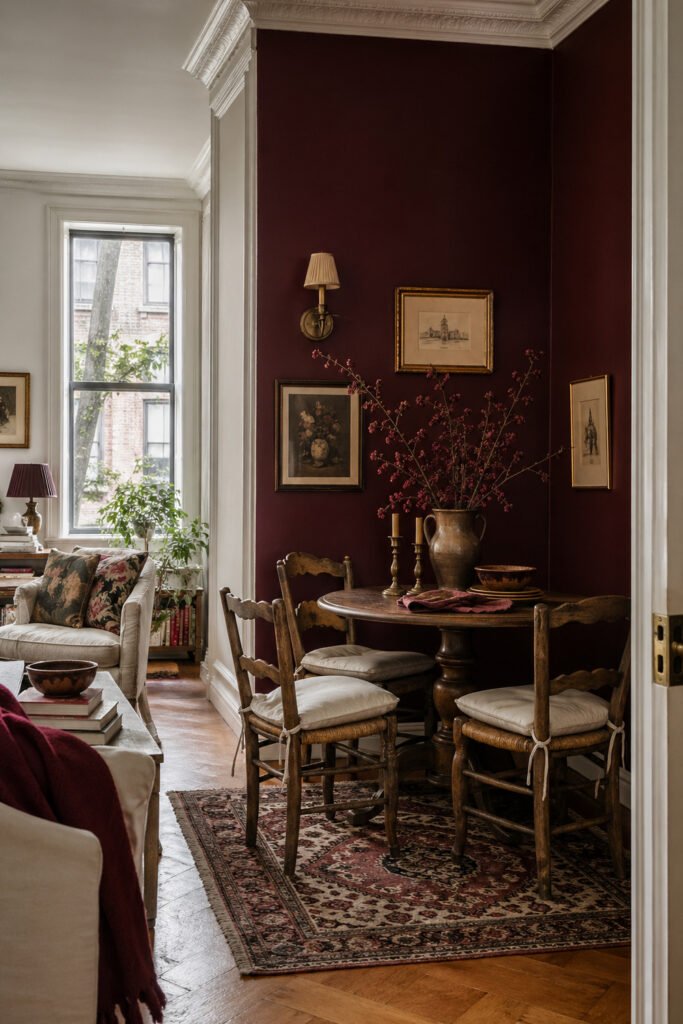 Vintage apartment dining nook with burgundy wall, wood table, rustic chairs, framed art, branches, and decor ideas with personality
