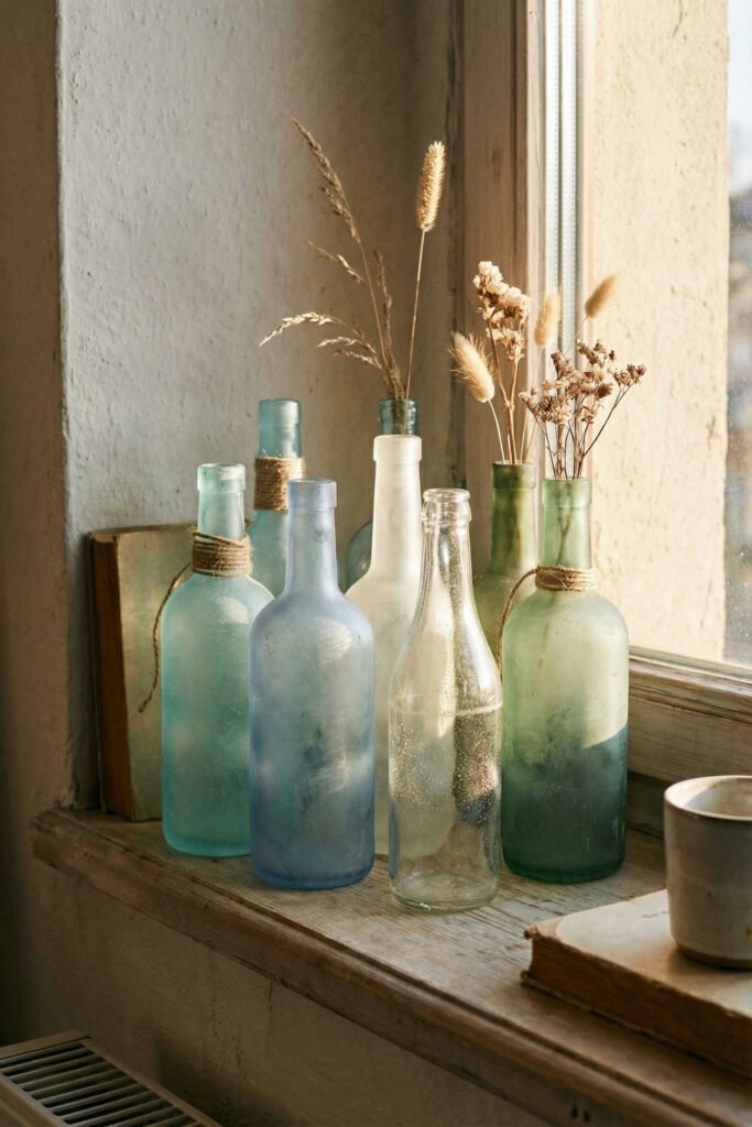 Diy Beach Decor That Feels Fresh for Summer 10 Sea glass toned bottles with dried stems on a rustic window ledge beside books and a mug, vintage-inspired DIY beach decor.