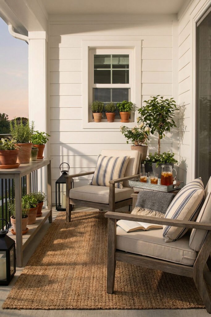 Cozy balcony with striped cushions, potted herbs, lanterns, a natural rug, and iced tea tray for relaxed farmhouse summer decor on a small porch.
