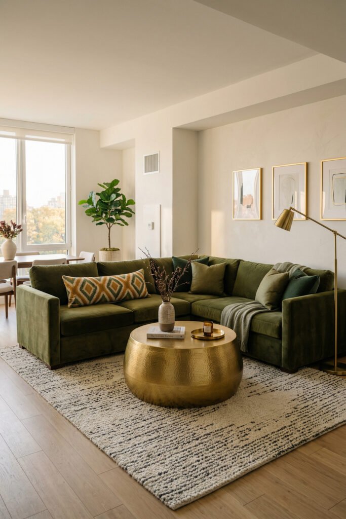 Green And Gold Room Ideas For A Stylish Living Room 11 Moody green sectional with hammered gold coffee table, textured rug, brass floor lamp, and minimalist wall art.