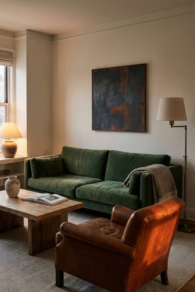 Green and rust living room with a velvet green sofa, leather chair, wood coffee table, warm lamps, and oversized abstract wall art.

