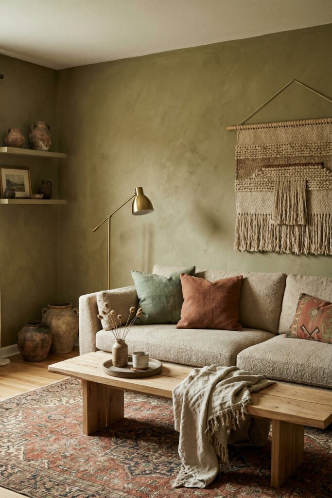 Green Boho Living Room Ideas With Relaxed Style 11 Warm green boho living room with textured olive wall, boucle sectional, brass floor lamp, wood coffee table, pottery, and woven tapestry.
