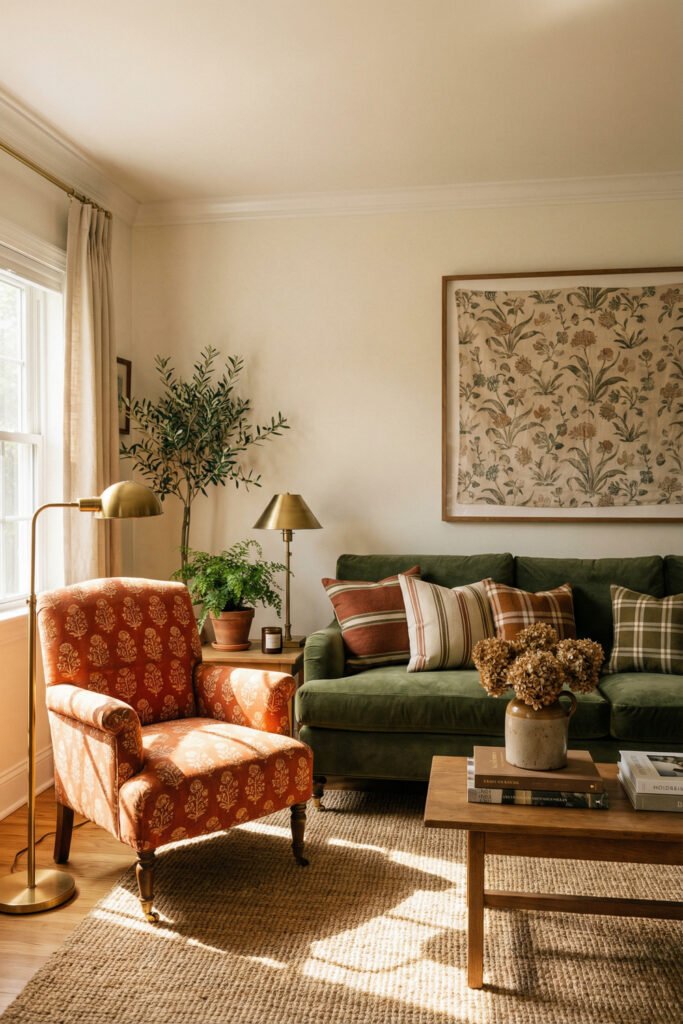 Green Burnt Orange Living Room Ideas With Rich, Easy Style 10 Sunlit green sofa with plaid pillows, burnt orange patterned chair, brass lamp and wood coffee table in a warm traditional living room