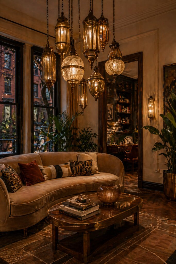 Moody living room with clustered amber glass pendant lanterns, curved sofa, plants, and luxe warm lighting ideas for cozy rooms.
