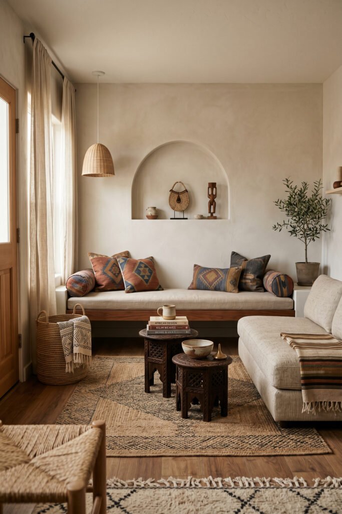Compact sitting room with daybed bench, sectional sofa, arched niche, woven rug, and earthy patterned pillows in a calm Nubian Style palette.
