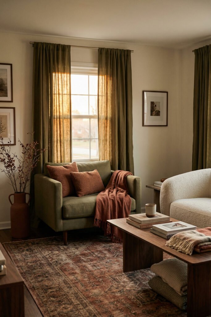 Olive Green Decor Ideas For A Layered Living Room 10 Reading corner with an olive armchair, rust pillows, cozy throw, vintage rug, and sunlight through olive drapes in a layered living room.
