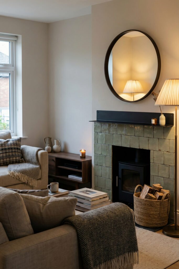 Sage Green And Black Living Room Ideas for a Layered Look 8 Cozy living room with glossy sage tile fireplace, round mirror, neutral sofa, floor lamp, woven baskets, and warm layered textures.