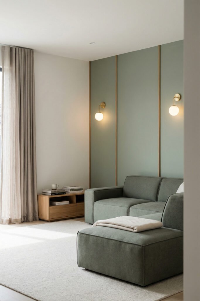 Sage Green Lounge Ideas for a Calm, Collected Living Room 10 Minimal seating nook with sage accent wall, brass sconces, modular chair and ottoman, sheer drapery, and soft neutral styling in a modern lounge.