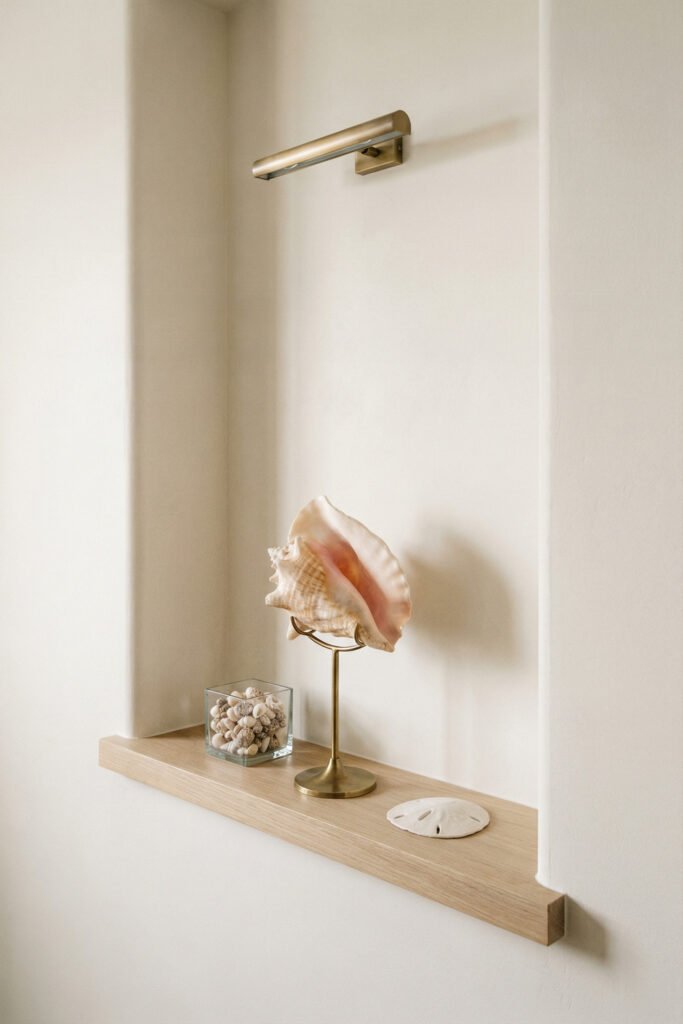 Large conch shell on a brass stand in a narrow wall niche with a shell-filled glass cube and sand dollar, a minimalist seashell display moment.
