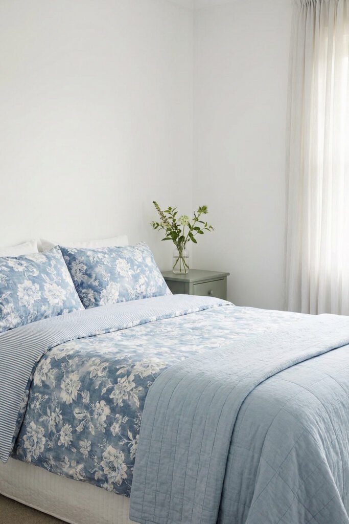 Spring Bedding Ideas for a Lighter, Fresher Bedroom 8 Soft blue floral duvet layered with striped sheets and a quilted coverlet creates a light, serene spring bedding look in a minimal bedroom.