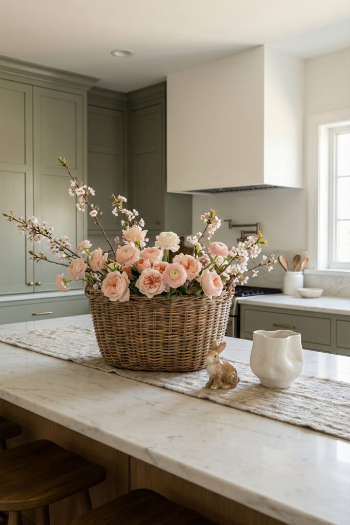 Sage green kitchen with a wicker basket of blush flowers and cherry branches on a marble island, styled with a ceramic bunny and sculptural white vase
