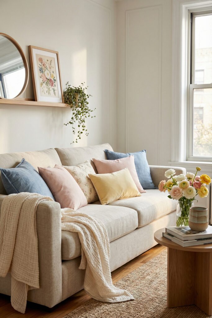 Cream sofa with pastel pillows, wall shelf art, trailing plant, and fresh blooms beside a sunny window for soft spring living room décor.
