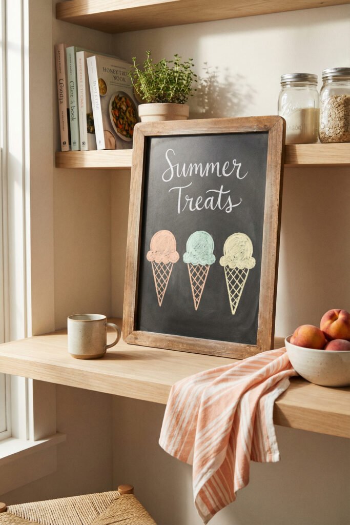 Summer Chalkboard Ideas That Brighten Every Corner 10 Rustic framed chalkboard reading Summer Treats with pastel ice cream cones on open kitchen shelving with mug, peaches, books, and plant.