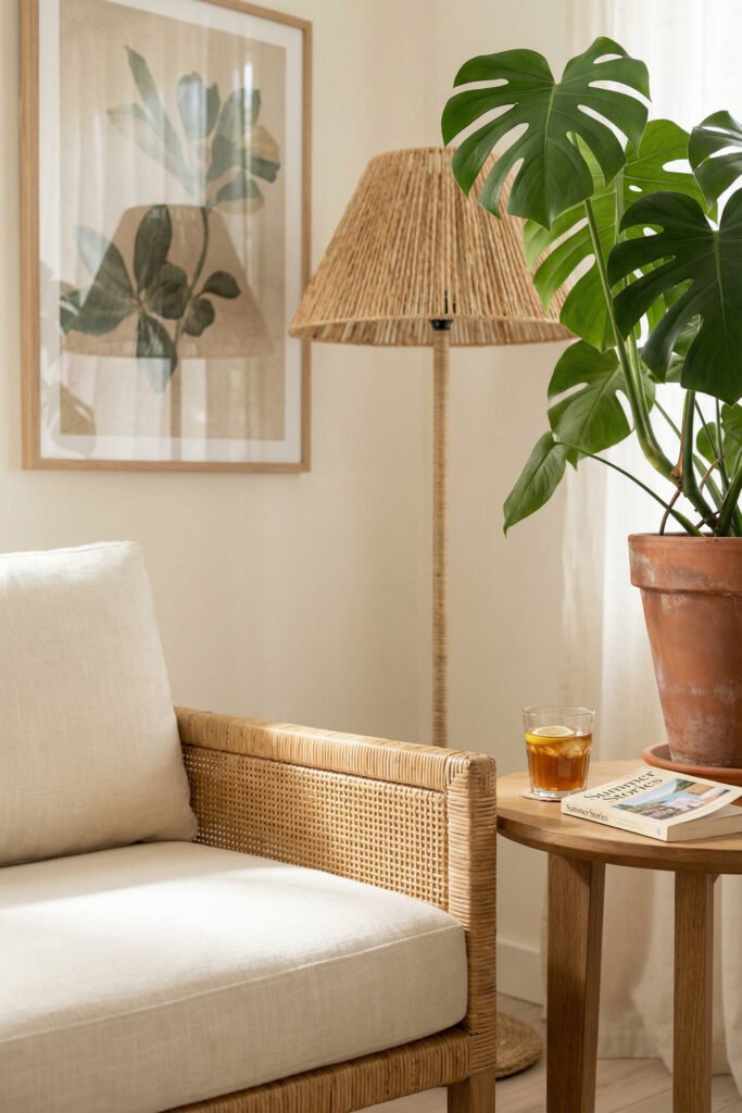 Summer Décor Ideas for an Airy, Collected Home 8 Close-up of woven chair, monstera in terracotta pot, raffia lamp, and wood side table with iced drink for organic summer decor.