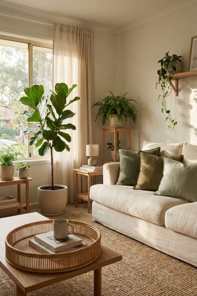 Cozy neutral living room with olive pillows, fiddle leaf fig, fern, woven tray, and natural textures for calm Summer Living Room Decor.
