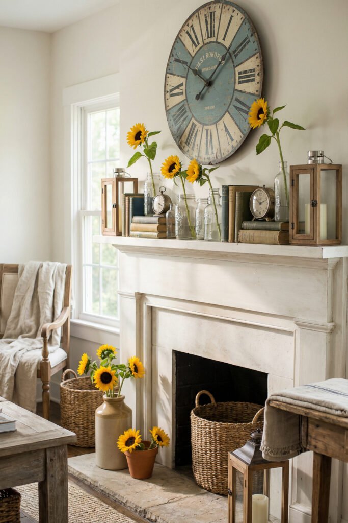 Vintage fireplace mantel with oversized blue clock, mason jars of sunflowers, lanterns, books, and baskets styled for cozy summer mantle décor.
