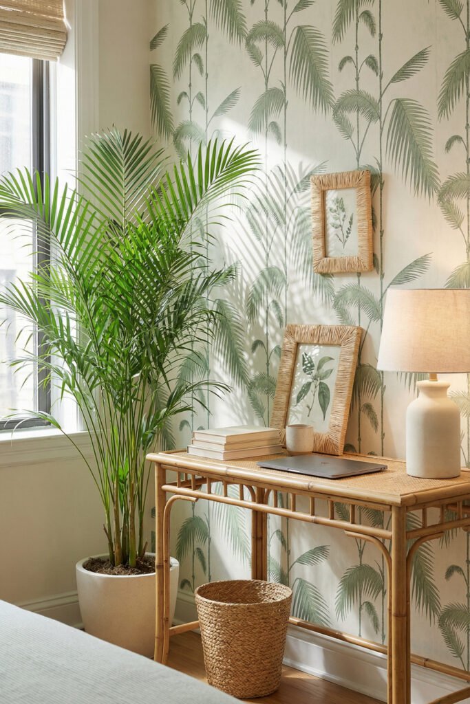 Rattan desk with laptop, palm wallpaper, ceramic lamp, woven basket, and tall palm plant creating lush Summer Office Decor by the window.
