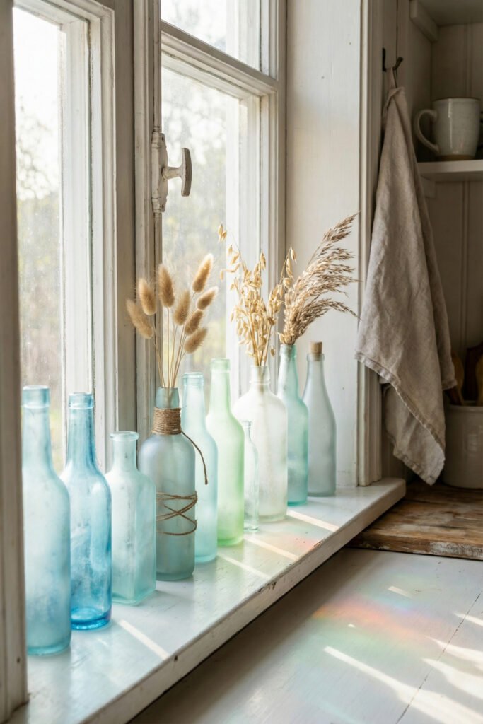 Diy Beach Decor That Feels Fresh for Summer 11 Row of blue and green frosted bottles with dried grasses lined along a bright kitchen window, fresh DIY beach decor display.