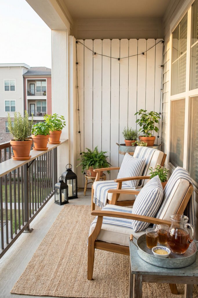 Apartment balcony with striped lounge chairs, string lights, potted herbs, lanterns, woven rug, and iced tea tray in an easy farmhouse summer decor style.
