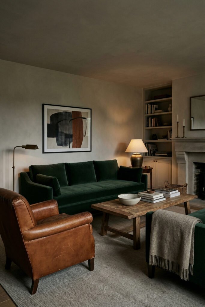 Dark green and rust living room with a green sofa, leather armchair, rustic coffee table, fireplace, built-ins, and warm evening lighting.
