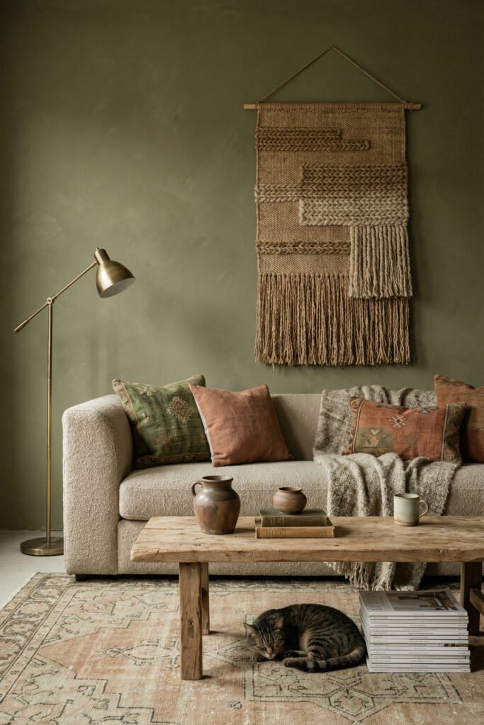 Green Boho Living Room Ideas With Relaxed Style 12 Cozy green boho living room with olive wall, chunky sofa, rustic wood table, woven textile art, earthy pillows, and a sleeping cat.