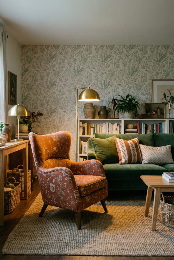 Green Burnt Orange Living Room Ideas With Rich, Easy Style 11 Floral burnt orange wingback chair, green sofa, leafy wallpaper, brass lamps and bookshelves in a cozy green burnt orange living room