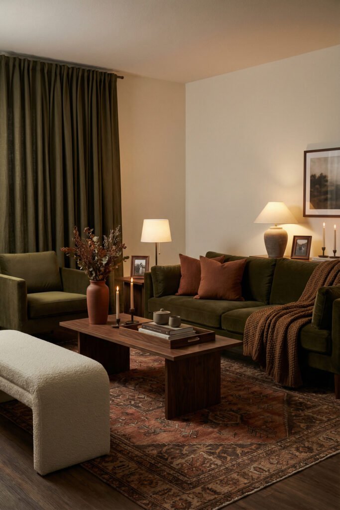 Olive Green Decor Ideas For A Layered Living Room 11 Moody evening living room with an olive sofa, rust accents, candles, dark drapes, and a vintage rug styled for cozy olive green decor.