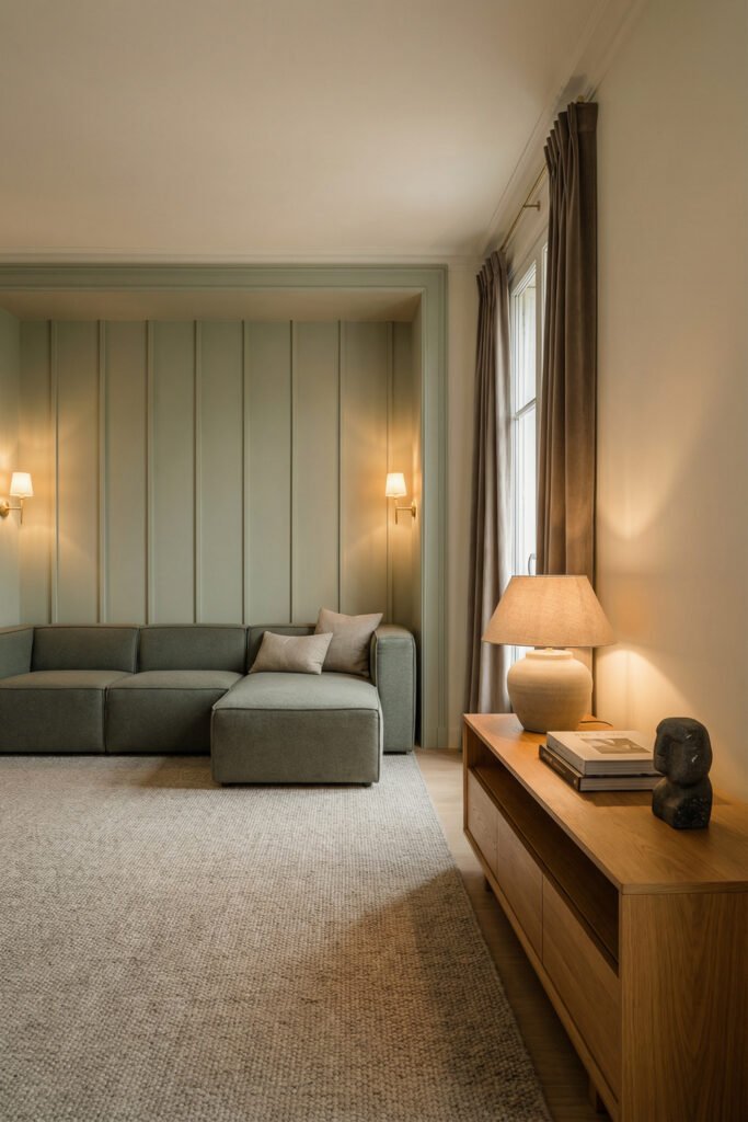 Sage Green Lounge Ideas for a Calm, Collected Living Room 11 Moody lounge with sage paneled alcove, modular sectional, warm sconces, wood console, taupe curtains, and cozy evening lighting.