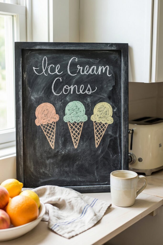 Summer Chalkboard Ideas That Brighten Every Corner 11 Framed chalkboard reading Ice Cream Cones with three pastel cone drawings on a kitchen counter beside fruit, a mug, and towel for sweet summer chalkboard ideas.