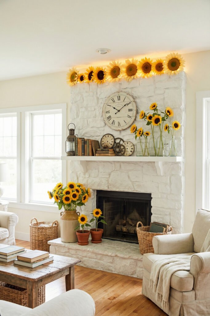 White stone fireplace with sunflower stems, clocks, books, and warm farmhouse accents for sunny summer mantle décor in a relaxed living room.
