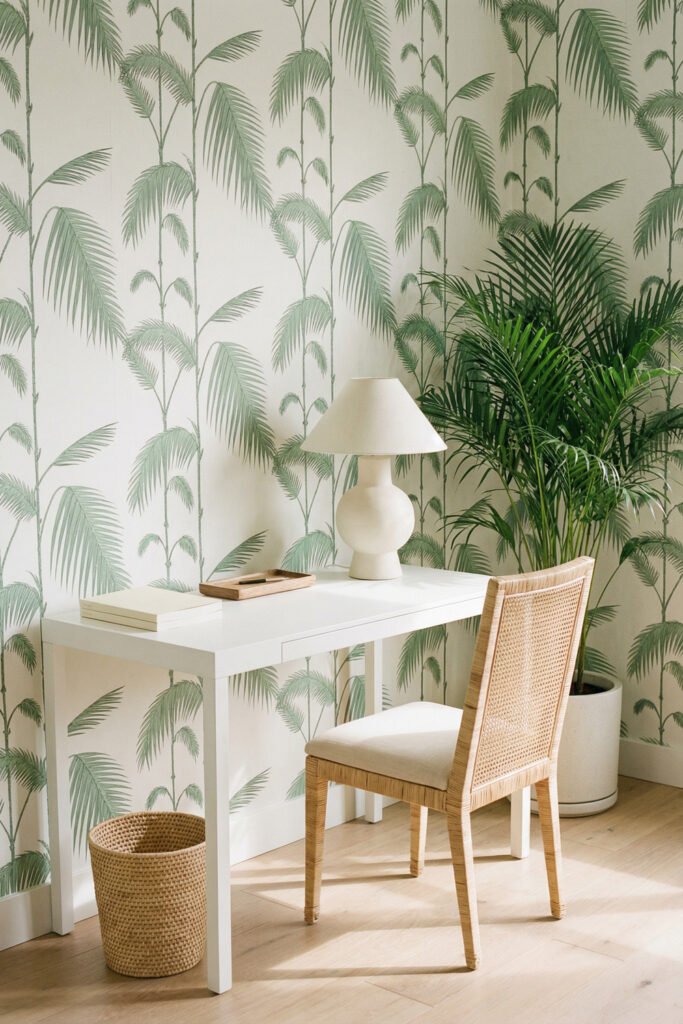 White desk and cane chair against palm wallpaper with sculptural lamp and potted palm for breezy tropical Summer Office Decor.
