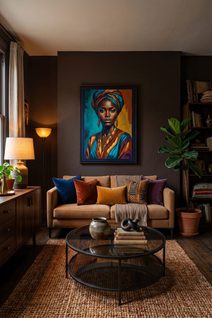 Moody living room with colorful Afro Art portrait, tan sofa, jewel-tone pillows, dark walls, black glass coffee table, warm lamps, and large fiddle leaf fig
