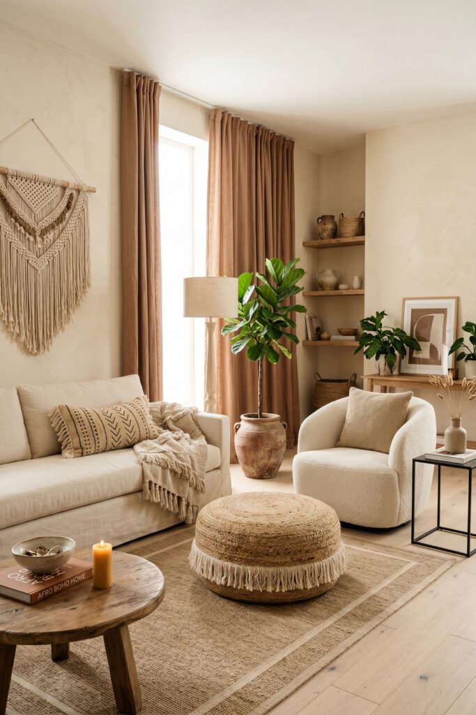Soft neutral living room with macrame wall hanging, white sofa, boucle chair, fringed pouf, wood table, and warm natural textures in Afro Boho Decor style.
