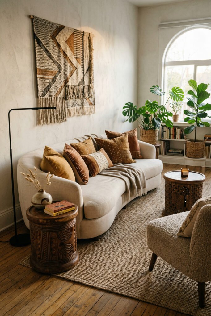 Cozy Afro Boho corner with curved cream sofa, earthy pillows, textile wall hanging, carved wood tables, plants, and woven rug.
