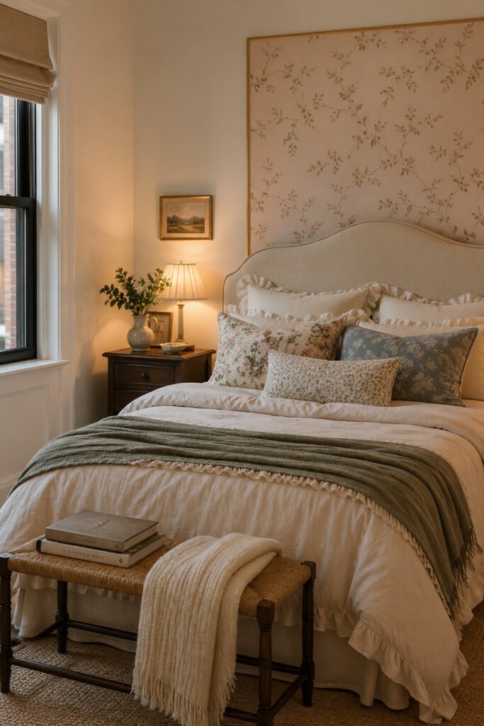 Soft bedroom with floral wall panel, ruffled bedding, sage throw, woven bench, and apartment vibes decor ideas
