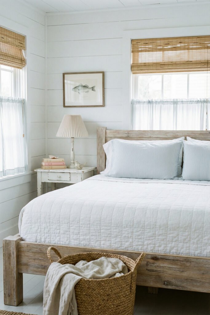 Beach Cottage Decor That Feels Fresh for Summer 8 Coastal bedroom with wood bed, white quilt, blue striped pillows, woven shades, cottage nightstand, and basket for serene beach cottage decor.