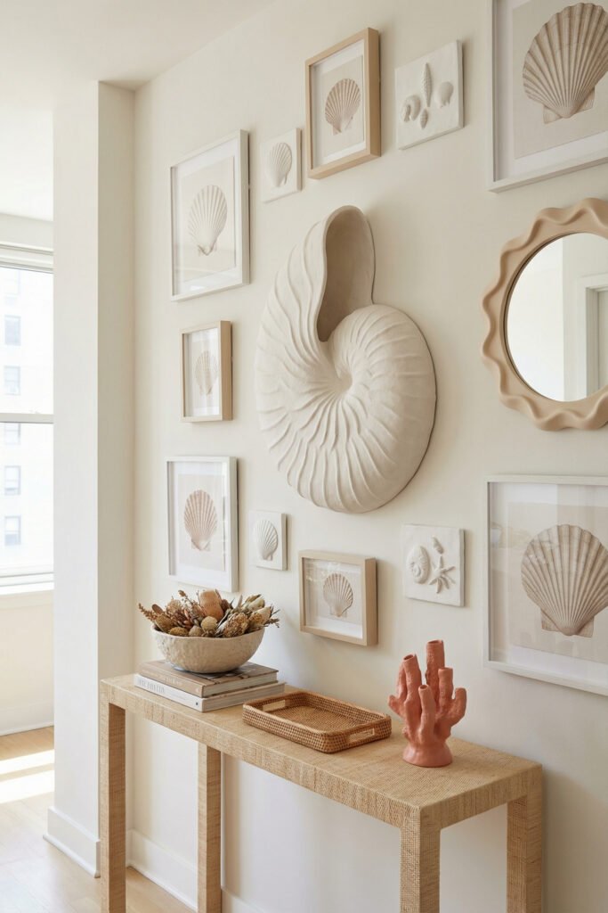 Coastal Summer Aesthetic Ideas for a Breezy Apartment 10 Shell gallery wall above a woven console table with coral decor, framed prints, and soft neutrals for an elegant coastal summer aesthetic.