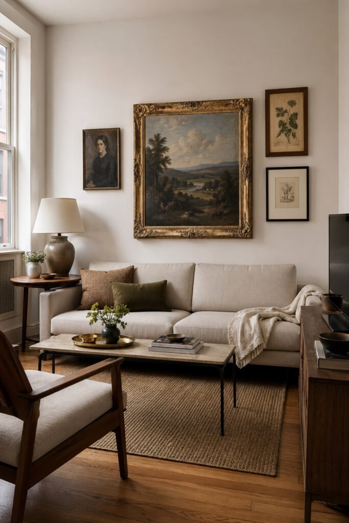 Neutral living room with cream sofa, gilded landscape art, botanical prints, woven rug, and timeless decor ideas with personality
