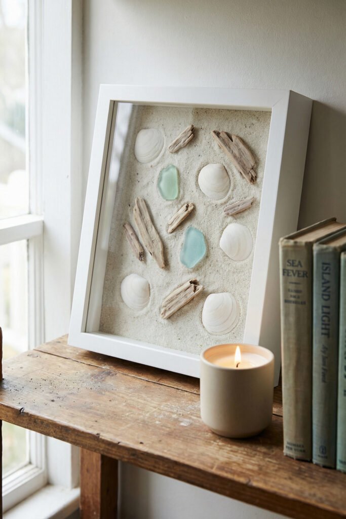 Diy Beach Decor That Feels Fresh for Summer 12 Framed sand art with shells, driftwood, and sea glass beside books and a candle on a rustic table, subtle DIY beach decor.
