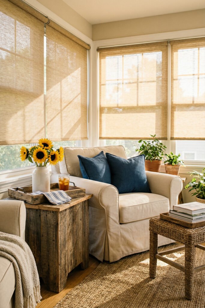 Sunny sitting area with cream chair, blue pillows, woven textures, sunflowers, iced tea, and bamboo shades for bright farmhouse summer decor.
