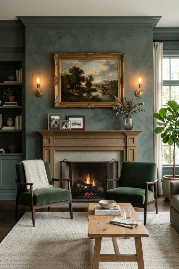 Green And Gold Room Ideas For A Stylish Living Room 12 Moody fireplace living room with deep green walls, landscape painting, brass sconces, green chairs, and soft layered neutrals.
