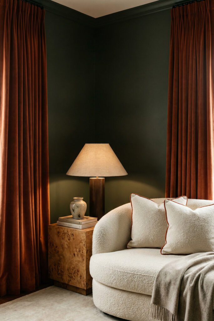 Rich green and rust living room corner with dark green walls, rust curtains, a cream boucle chair, burl wood side table, and table lamp.
