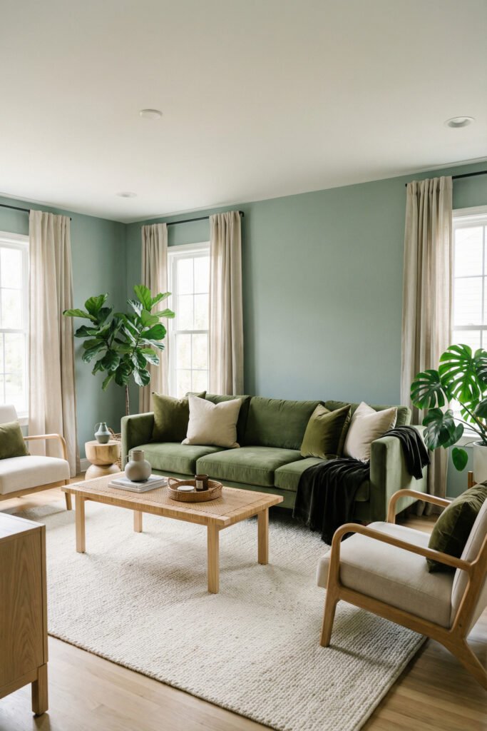 Green Boho Living Room Ideas With Relaxed Style 13 Fresh green boho living room with soft mint walls, olive sofa, light wood chairs, cream rug, and airy curtains around tall windows.