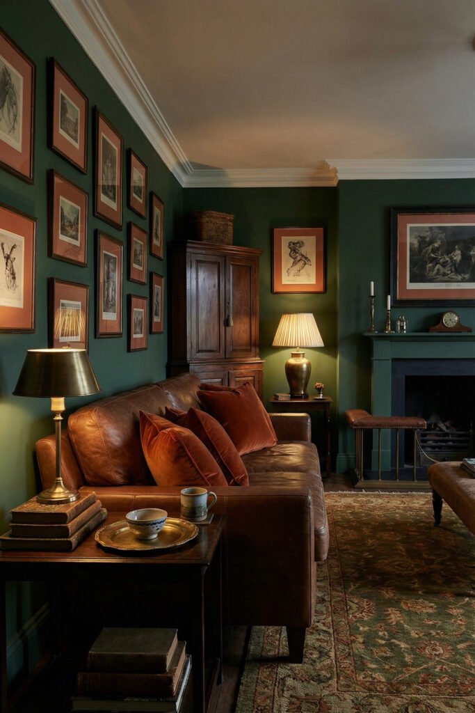 Green Burnt Orange Living Room Ideas With Rich, Easy Style 12 Dark green walls, brown leather sofa, rust velvet pillows, gallery wall and fireplace in a moody green burnt orange living room