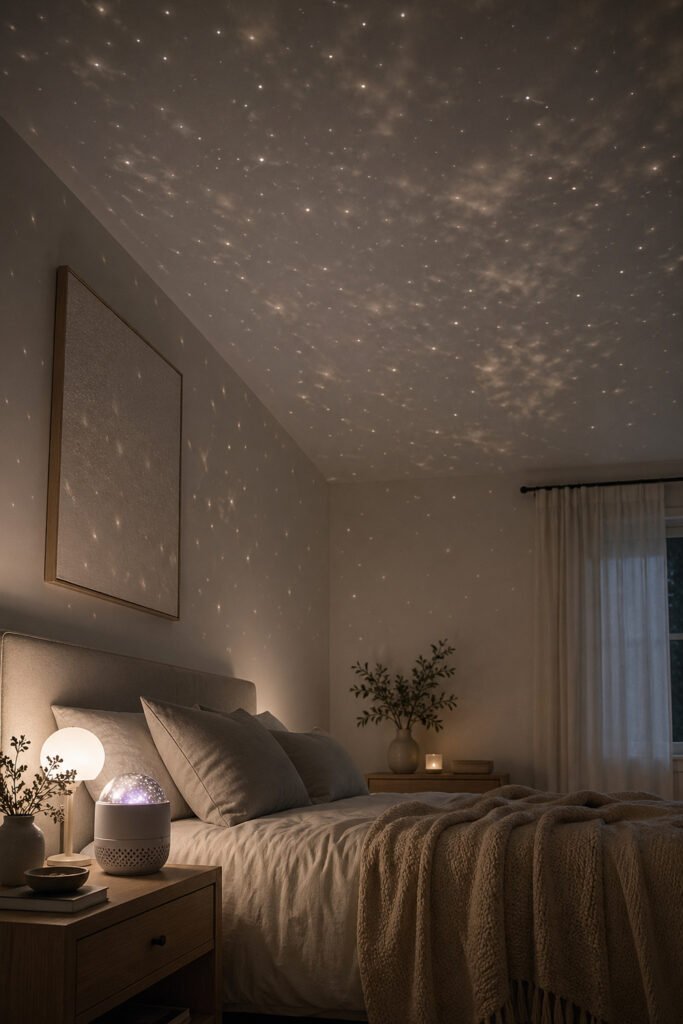 Neutral bedroom with star projector casting soft galaxy light across the ceiling, layered bedding, and calm bedside glow.
