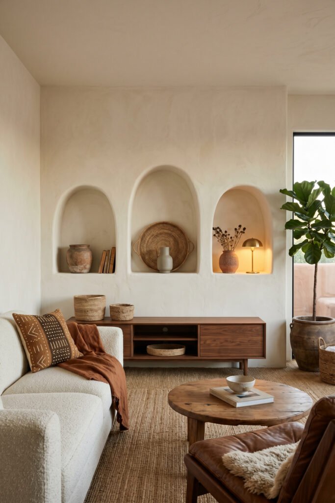 Minimal living room with three arched niches, walnut media console, boucle sofa, round wood coffee table, and woven accents in warm Nubian Style.
