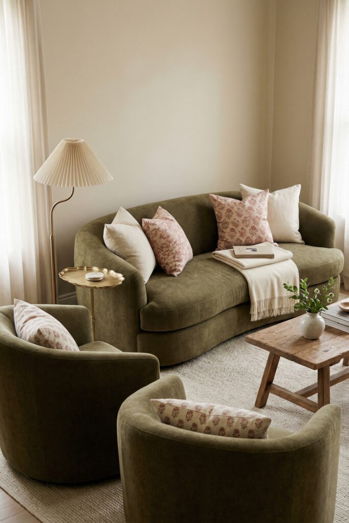 Olive Green Decor Ideas For A Layered Living Room 12 Curved olive sofa and matching chairs with blush patterned pillows, pleated lamp, and light wood table in soft olive green decor.