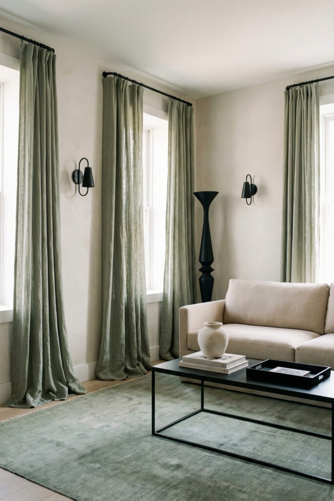 Sage Green And Black Living Room Ideas for a Layered Look 9 Soft modern living room with sage curtains, sage rug, black coffee table, black sconces, and a cream sofa in a quiet minimal palette.
